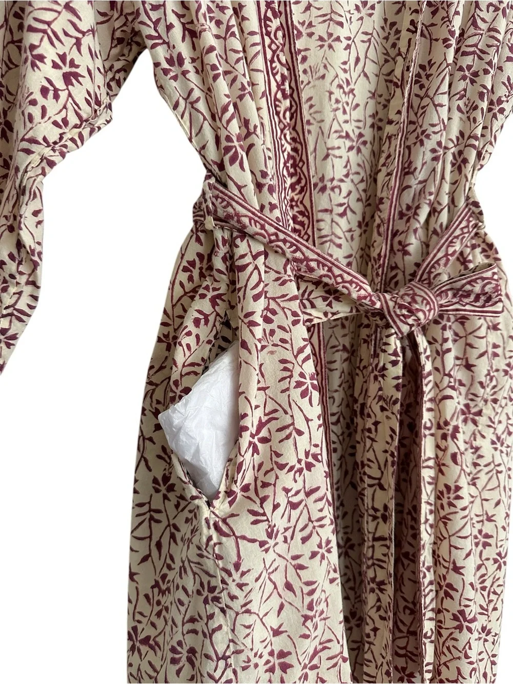 ANOKHI Cotton Block Print Kimono Robe Free Size Boho Burgundy Floral Loungewear